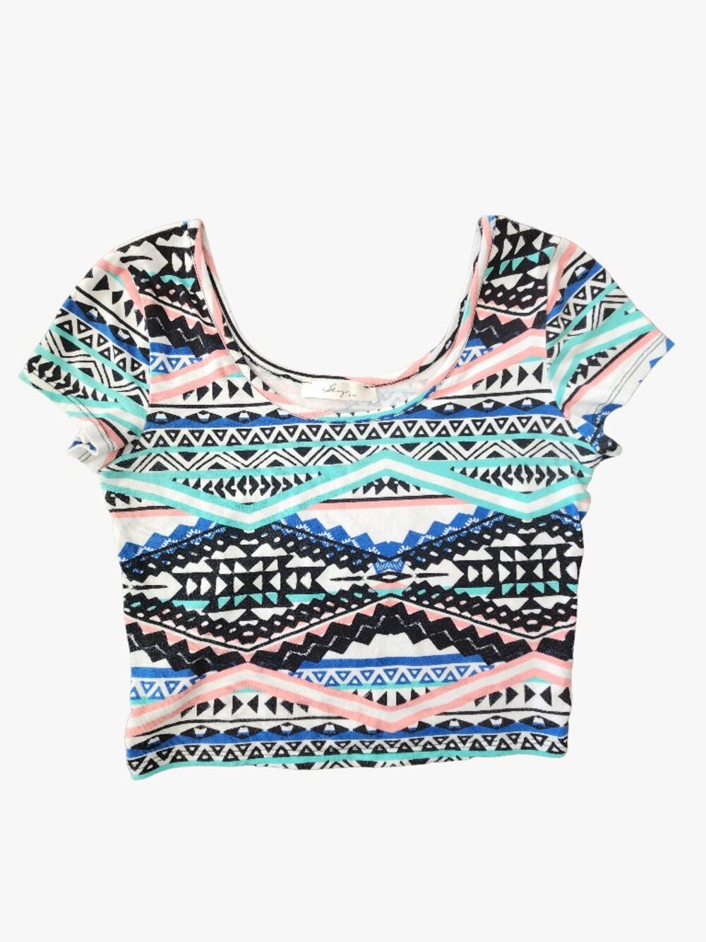 Gaze USA Neon Tribal Geometric Short Sleeve Scoop neck crop top | Medium